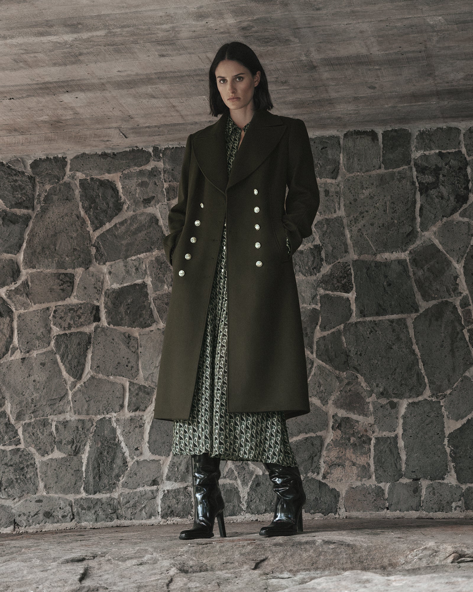 Olive Italian Wool Military Hourglass Coat