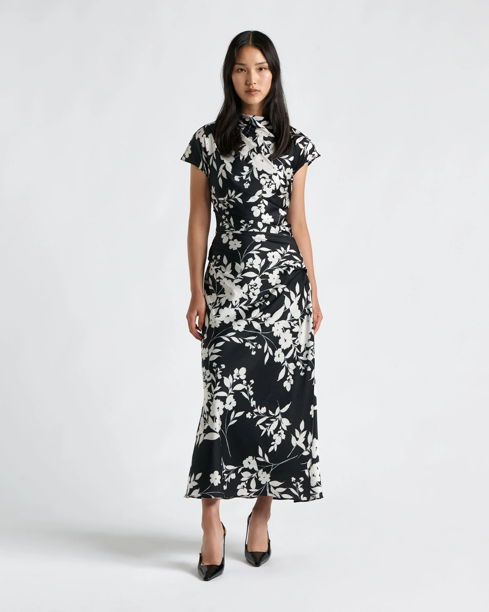 Shadow Stencil Floral Satin Midi Dress