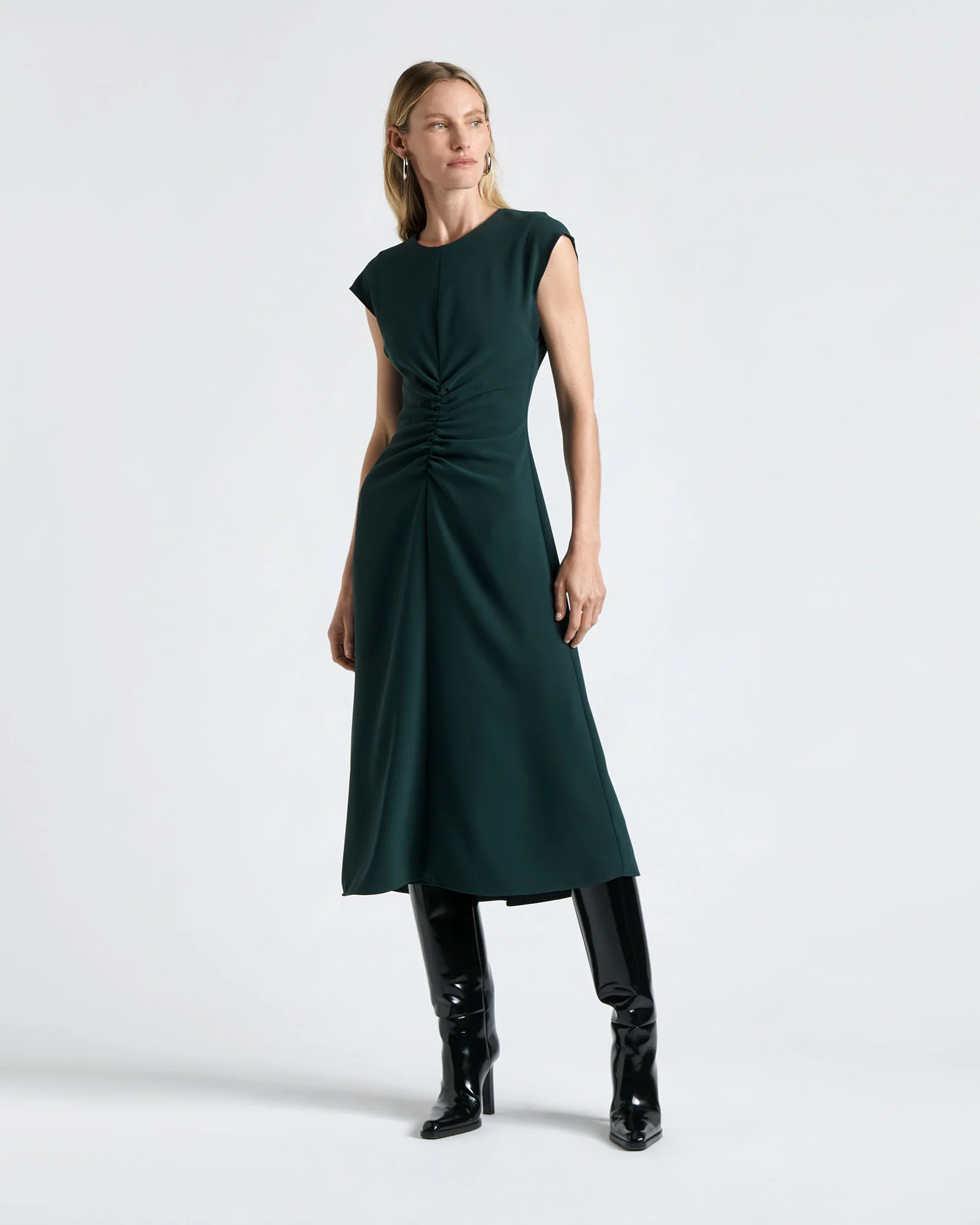 Forest Crew Neck Ruched Midi Dress