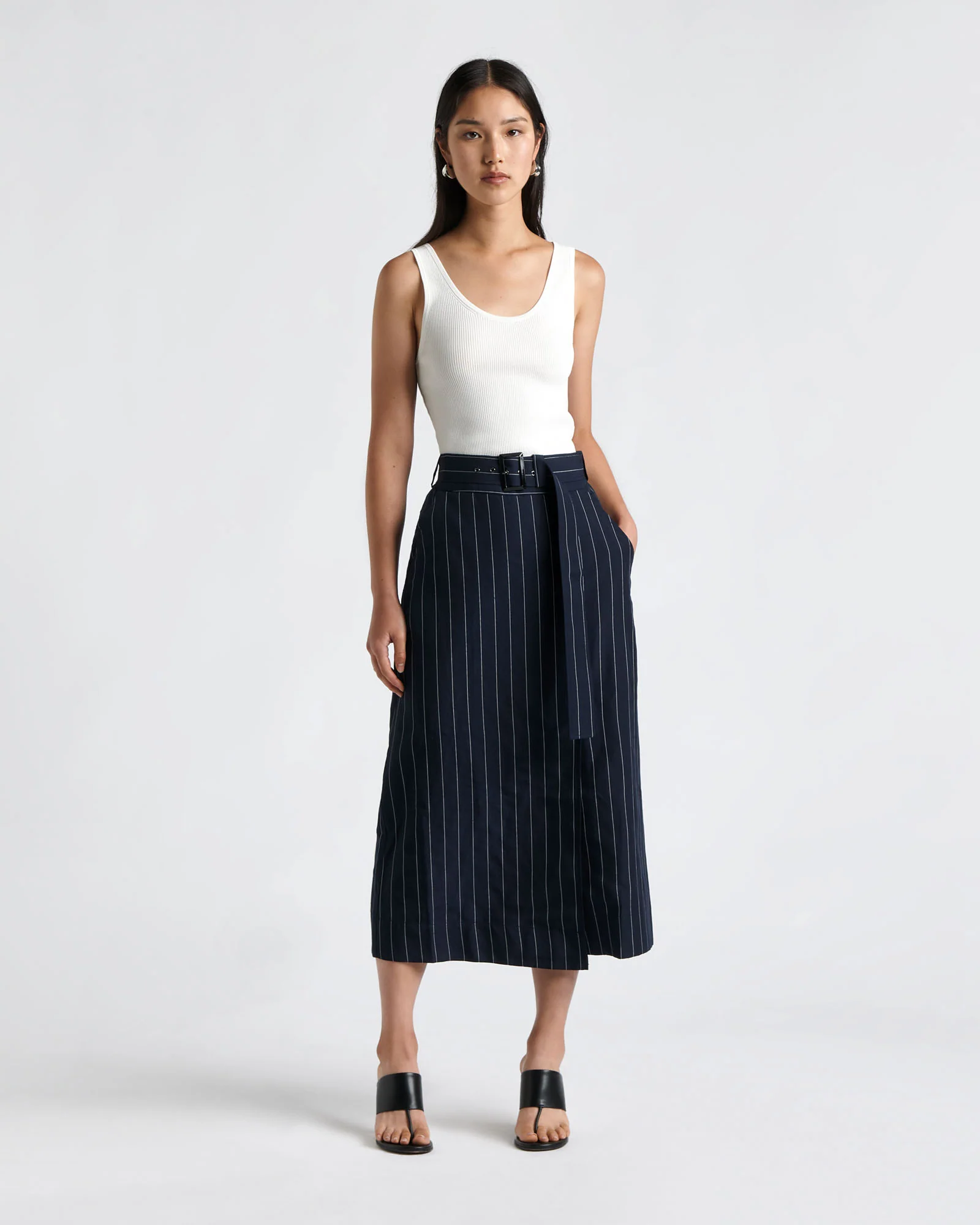 Pinstripe Belted Column Skirt