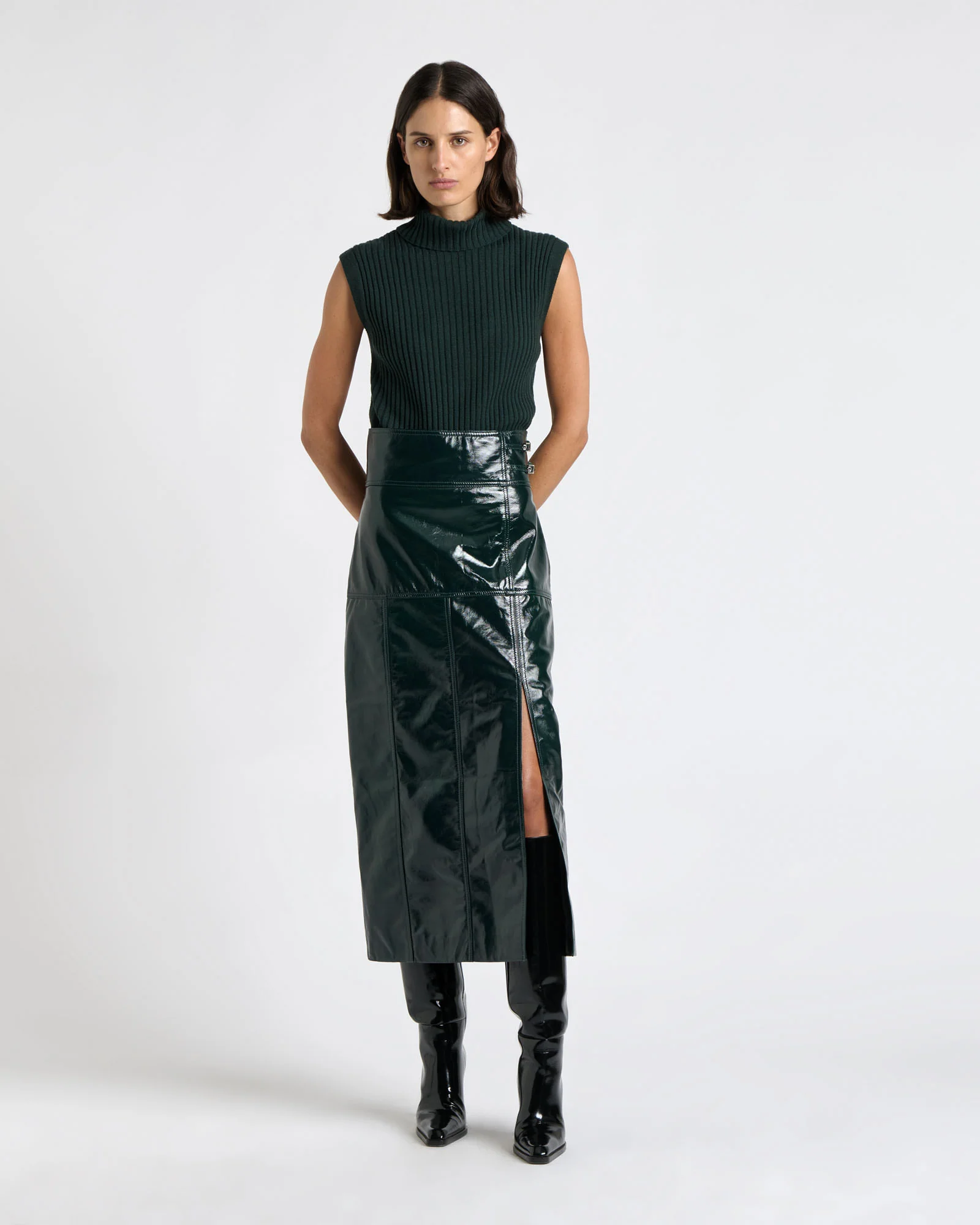 Patent Leather Stitched Midi Skirt