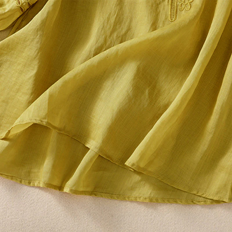 Buddha Stones Women's Crew Neck Hollow Design Half Sleeve Cotton Linen Shirt