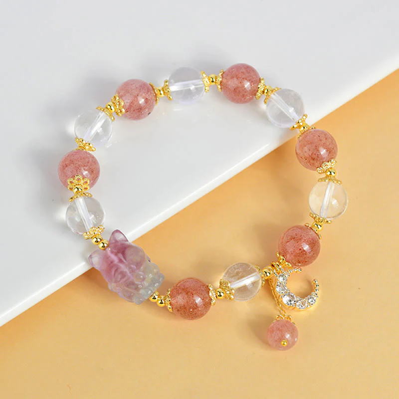 Buddha Stones Natural White Strawberry Quartz Crystal Healing Love Nine Tailed Fox  Moon Pendant Bracelet