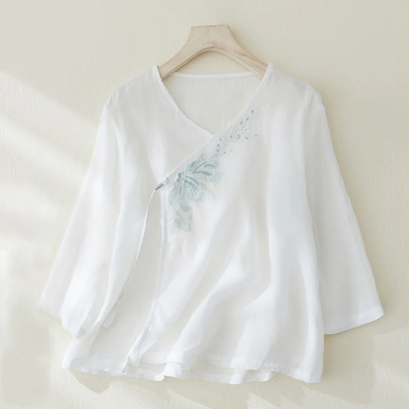 Buddha Stones Casual Women's Embroidery Plants Design Three Quarter Sleeve Cotton Linen Shirt