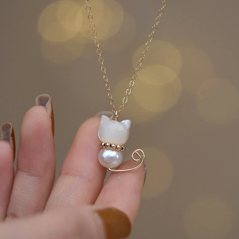 Buddha Stones 14K Gold Plated Pearl Hetian Jade Shell Luck Cat Kitten Necklace Pendant