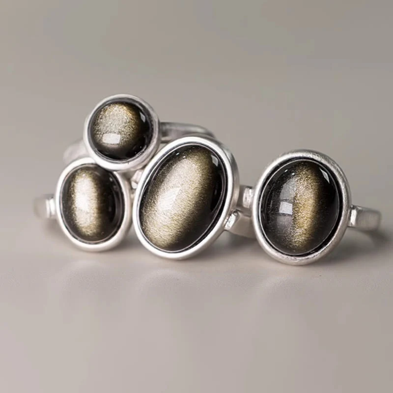 Buddha Stones Natural 925 Sterling Silver Gold Sheen Obsidian Adjustable Wealth Ring