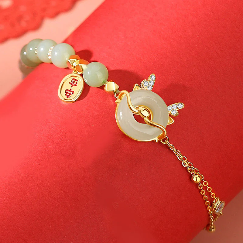 Buddha Stones 925 Sterling Silver Year of the Dragon Natural Red Agate Hetian Jade Peace Buckle Luck Success Bracelet (Extra 30% Off | USE CODE: FS30)