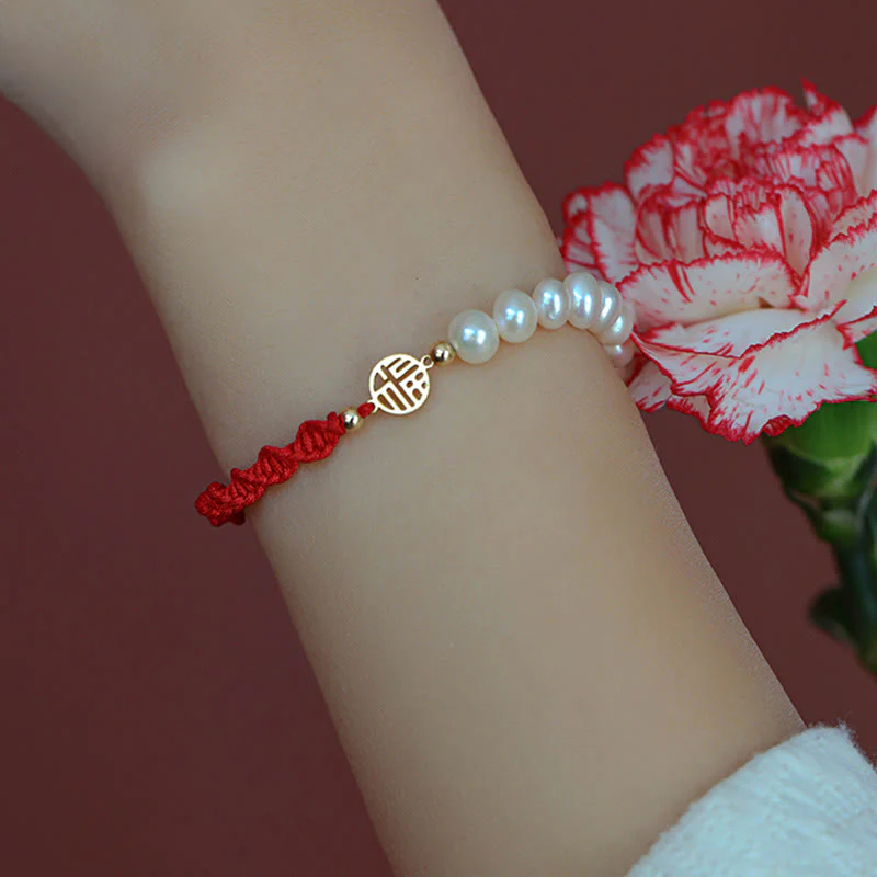 Buddha Stones 14K Gold Plated Pearl Bead Luck Protection Braid Red String Bracelet