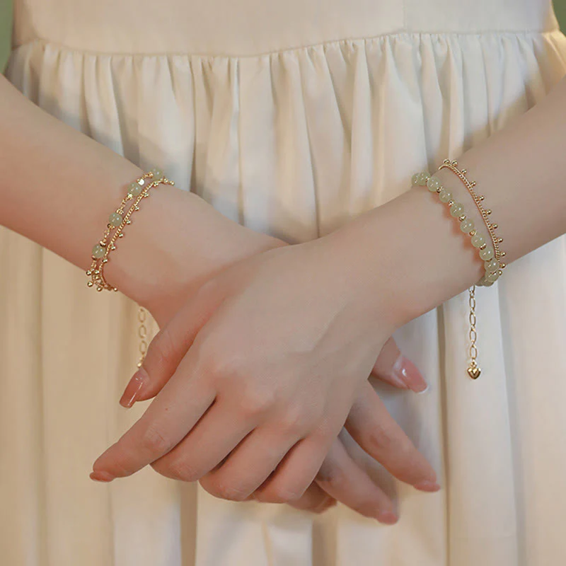 Buddha Stones 14K Gold Plated 2 Layers Hetian Jade Bead Luck Prosperity Bracelet