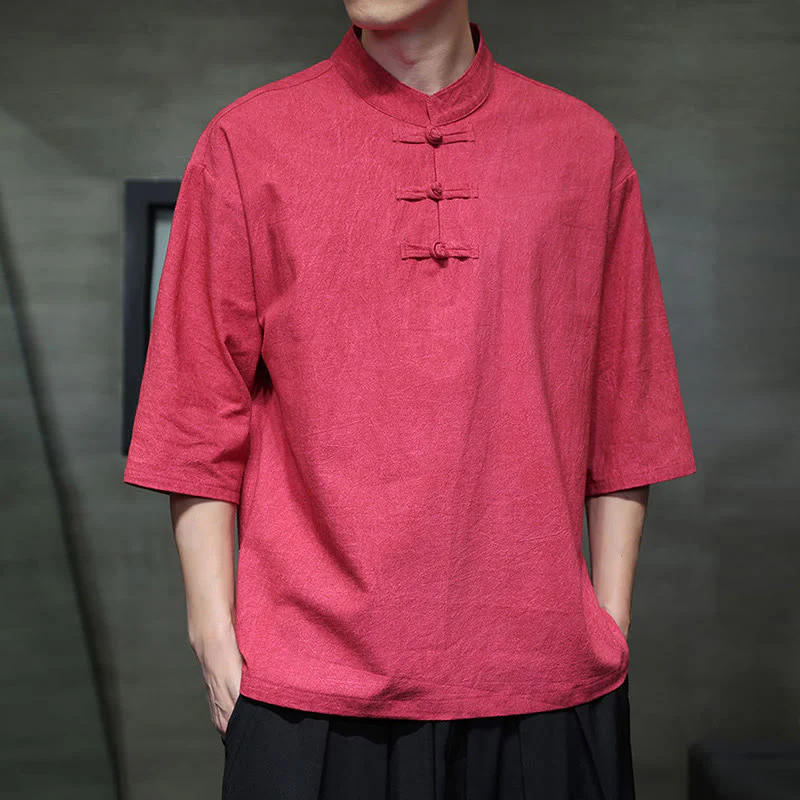 Buddha Stones Men's Chinese Frog-Button Tang Suit Half Sleeve Cotton Linen Shirt