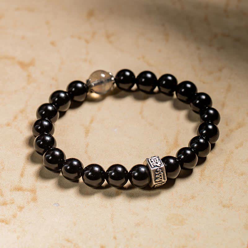 Buddha Stones Chinese Zodiac Natal Buddha 925 Sterling Silver Black Obsidian Moonstone Strength Bracelet
