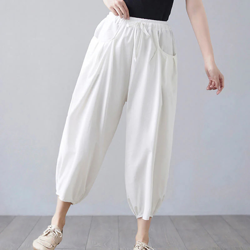 Buddha Stones Summer Plain Cropped Pants Women's Cotton Linen Harem Pants With Pockets