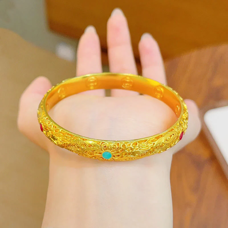 Buddha Stones Copper Plated Gold Flowers Leaves Luck Bracelet Bangle