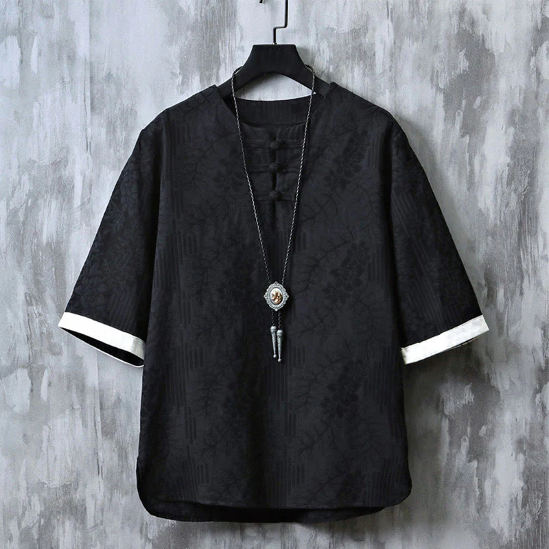 Buddha Stones Casual Retro Jacquard Chinese Frog-Button Design Men's Crew Neck Half Sleeve Cotton Shirt