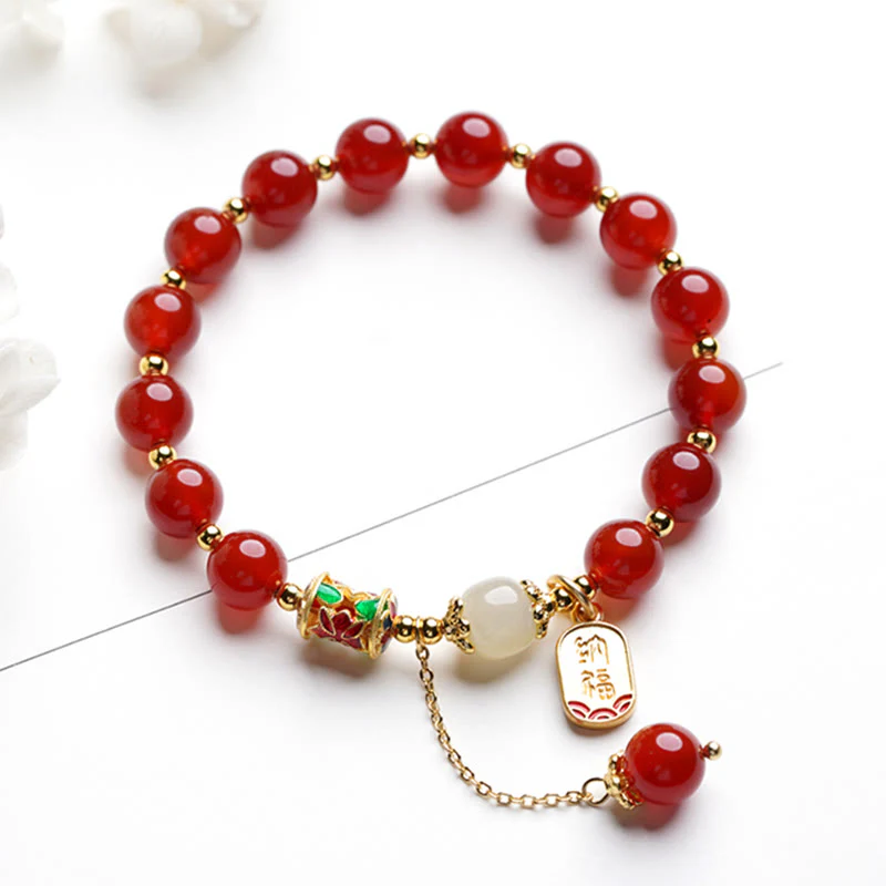 Buddha Stones Natural Red Agate Hetian Jade Fu Character Confidence Charm Bracelet (Extra 30% Off | USE CODE: FS30)