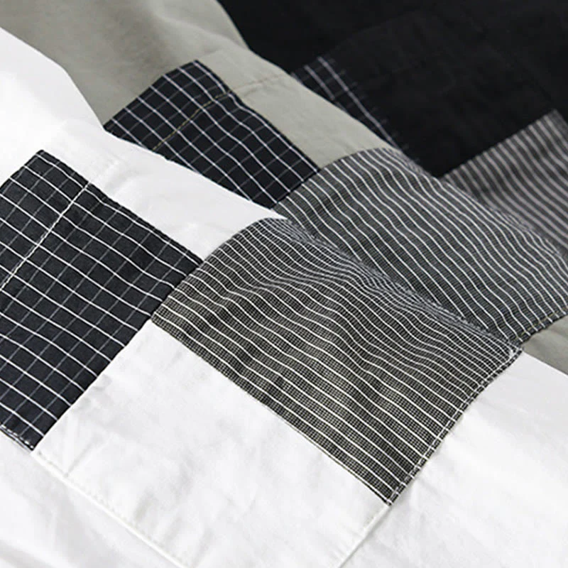 Buddha Stones Spring Daily Line Patchwork Design Lapel Men's Long Sleeve Cotton Linen Shirt With Pockets