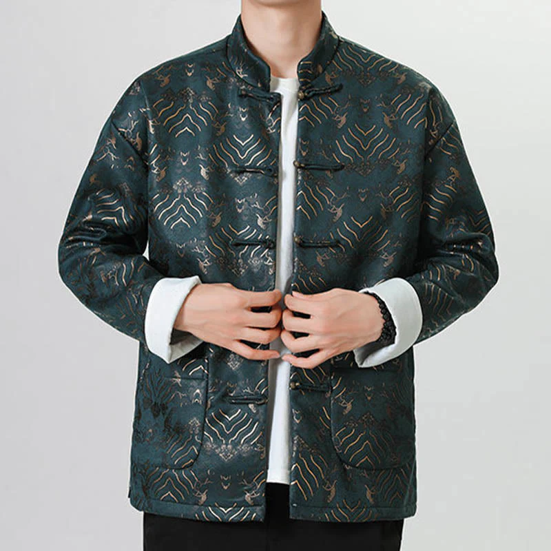 Buddha Stones Frog-Button Chinese Tang Suit Wave Shape Long Shirt Men Jacket Clothing