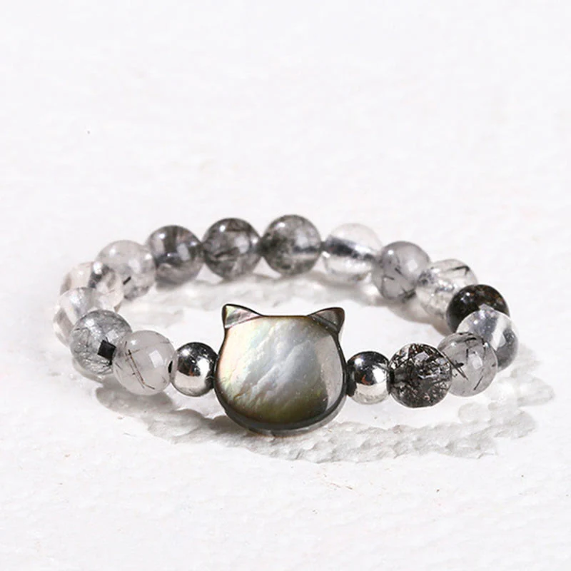Buddha Stones 3mm Black Rutilated Quartz Tridacna Stone Rabbit Cat Ring