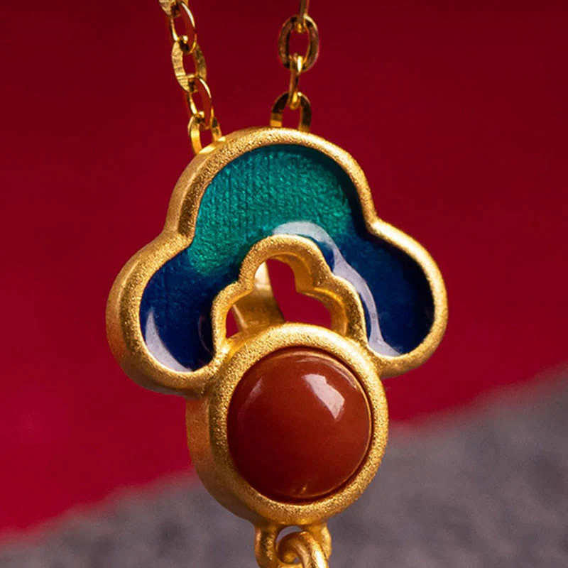 Buddha Stones 925 Sterling Silver Plated Gold Cinnabar Red Agate Blessing Necklace Pendant Earrings Ring Set