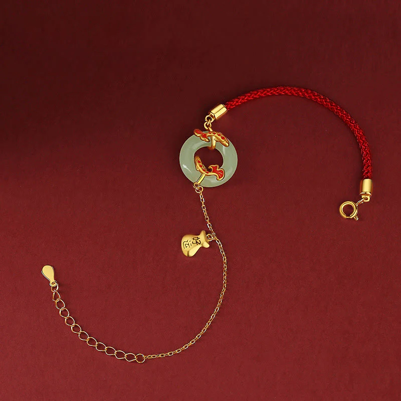 Buddha Stones 999 Sterling Silver Hetian White Jade Double Koi Fish Peace Buckle Lucky Charm Wealth Bracelet