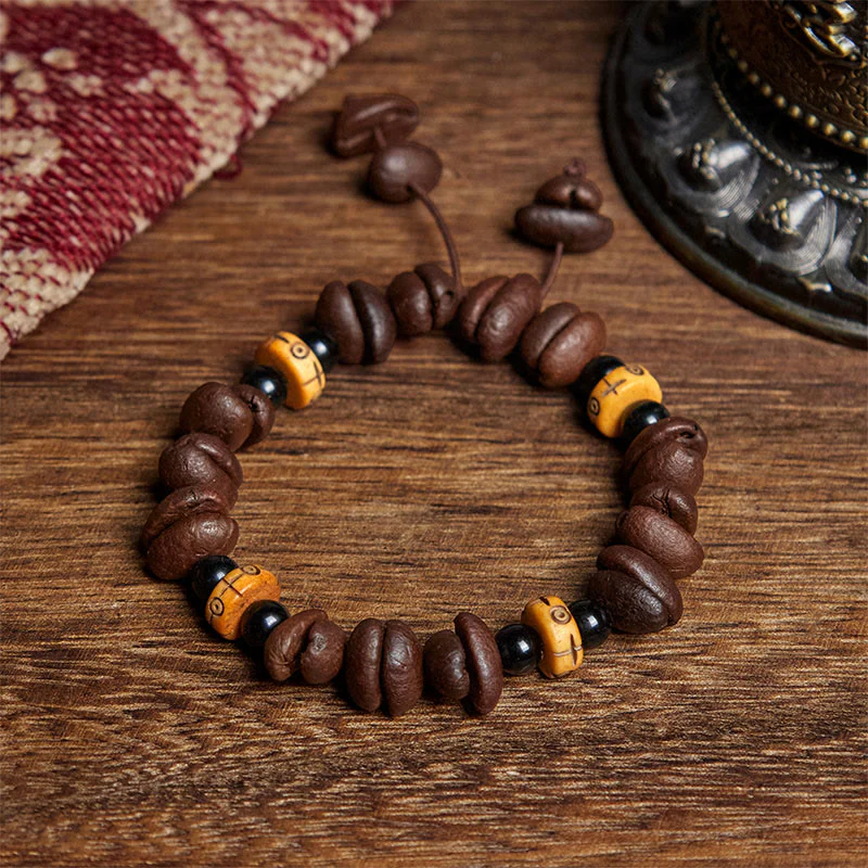 Buddha Stones Natural Coffee Beans Yak Bone Beads Bracelet