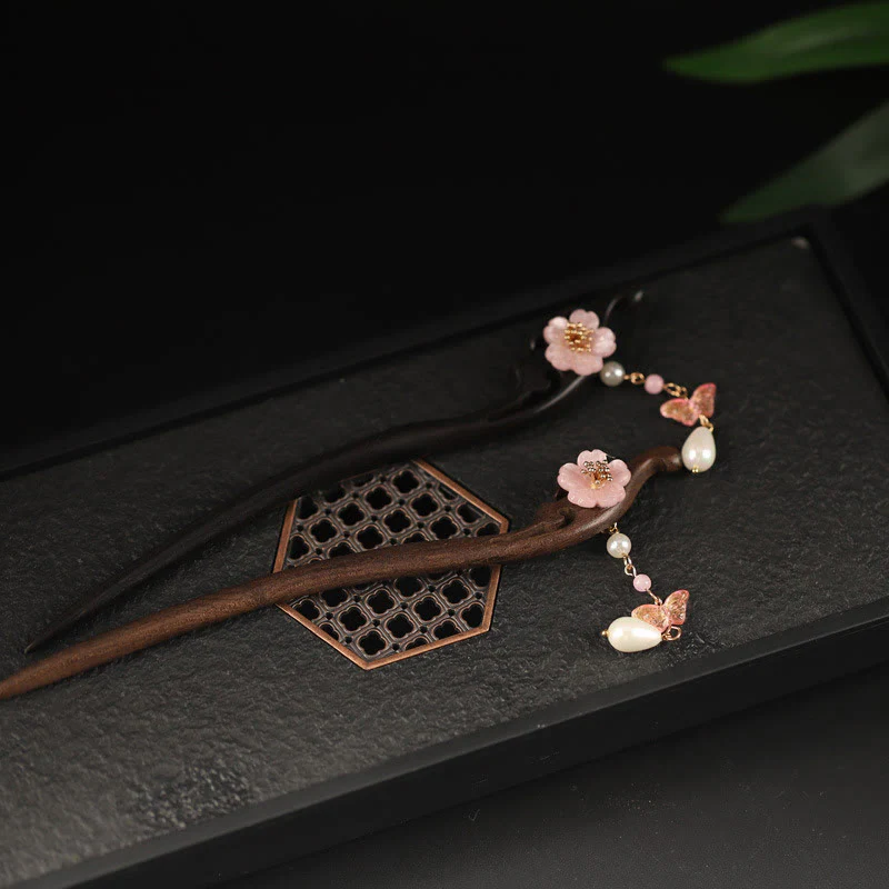 Buddha Stones Ebony Flower Butterfly Blessing Hairpin