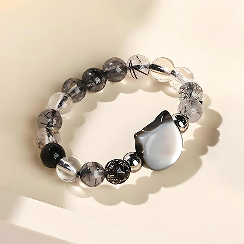 Buddha Stones 3mm Black Rutilated Quartz Tridacna Stone Rabbit Cat Ring