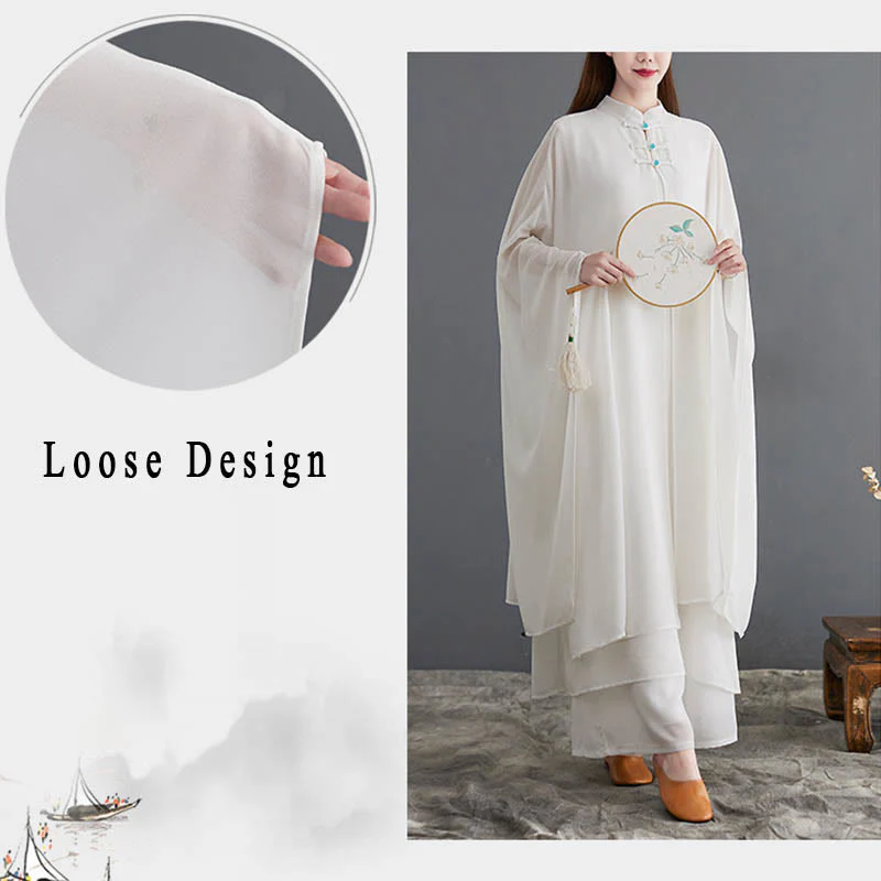 Buddha Stones 2Pcs Frog-Button Long Sleeve Midi Dress Wide Leg Pants Chiffon Zen Women's Set