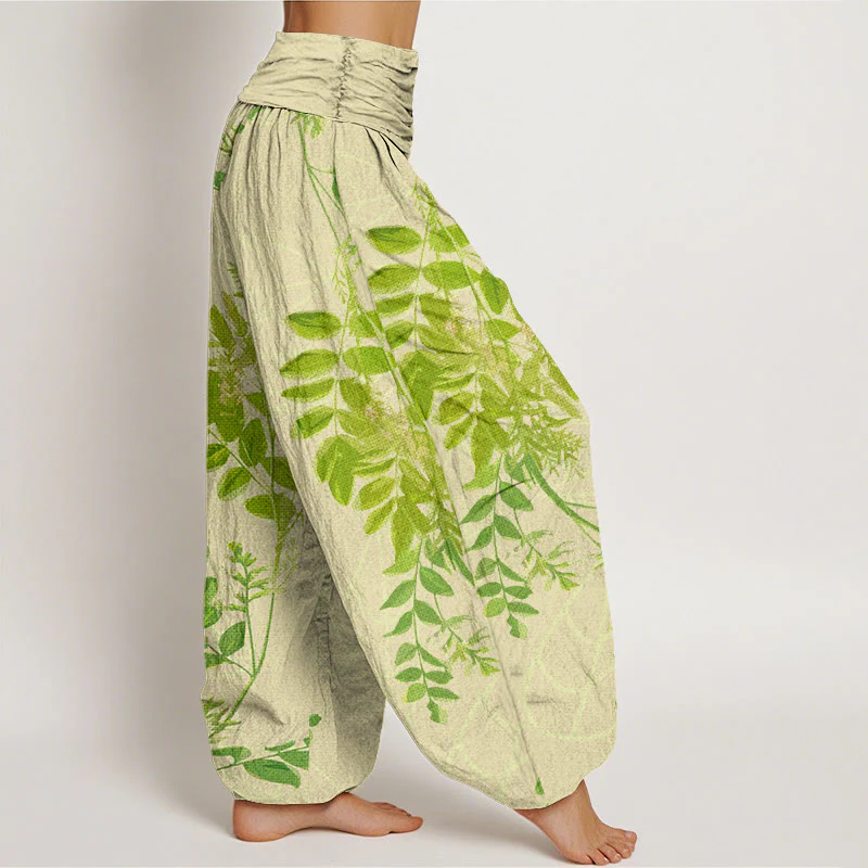 Buddha Stones Green Leaves Branches Women's Elastic Waist Harem Pants