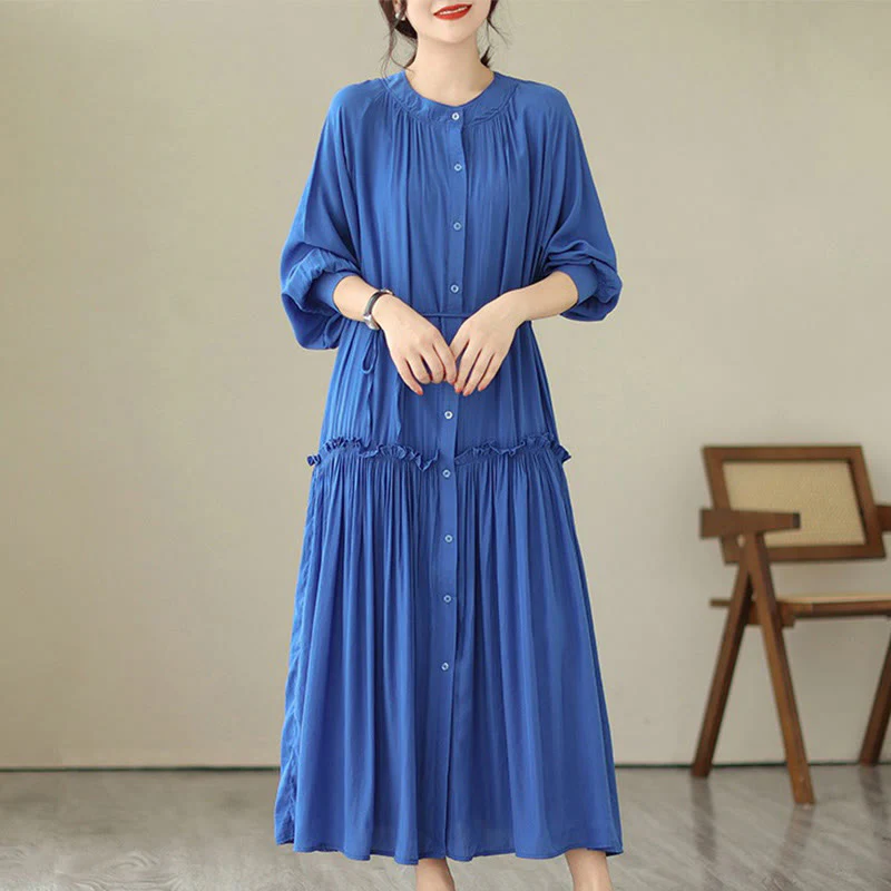 Buddha Stones Casual Plain Crew Neck Pleated Polyester Midi Dress With Pockets