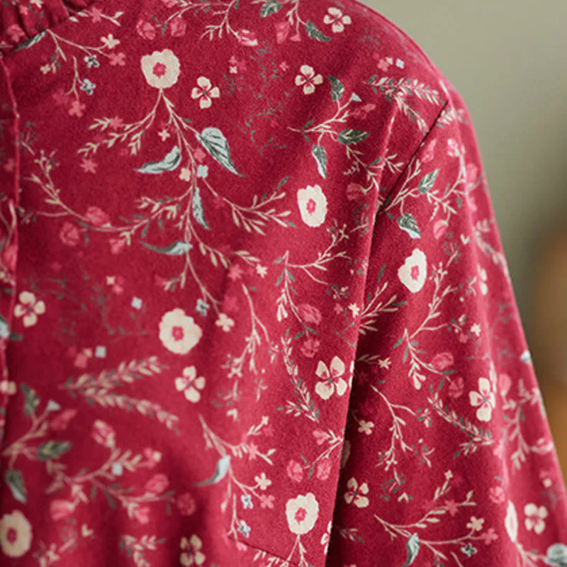 Buddha Stones Ethnic Printing Drawstring Long Sleeve Cotton Linen Midi Dress With Pockets