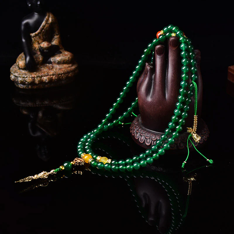 Buddha Stones 108 Beads Natural Green Agate Success Bracelet Mala