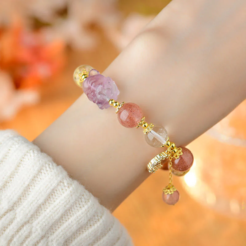 Buddha Stones Natural White Strawberry Quartz Crystal Healing Love Nine Tailed Fox  Moon Pendant Bracelet
