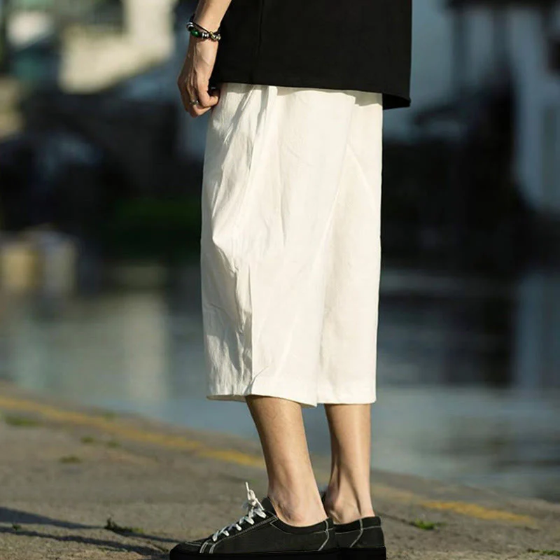 Buddha Stones Summer Plain Pleat Design Drawstring Men's 7-8 Length Cotton Linen Pants With Pockets