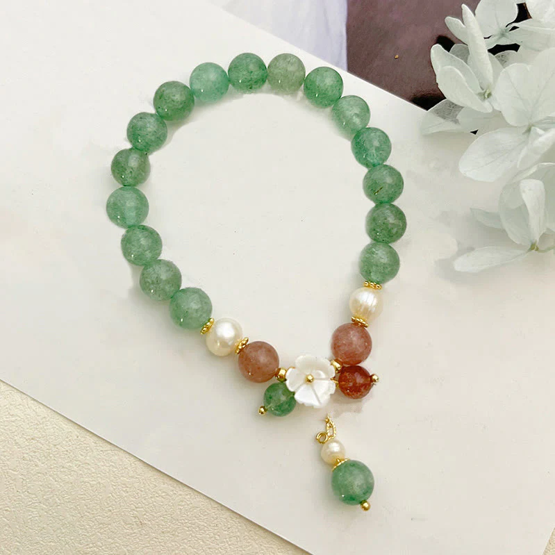 Buddha Stones Green Strawberry Quartz Shell Peach Blossom Soothing Bracelet