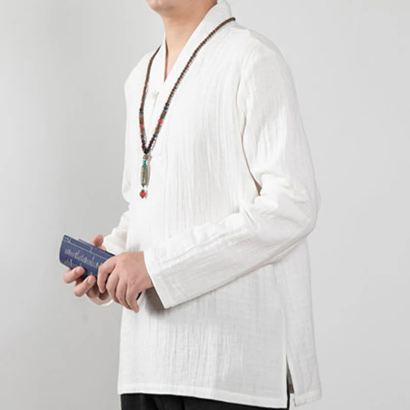 Buddha Stones Fall Simple V-Neck Long Sleeve T-Shirt Cotton Men Clothing