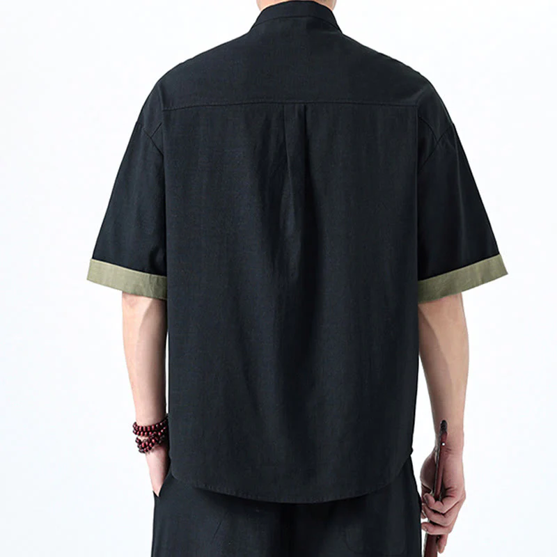 Buddha Stones Spring Color Contrast Chinese Frog-Button Design Men's Half Sleeve Cotton Linen Shirt