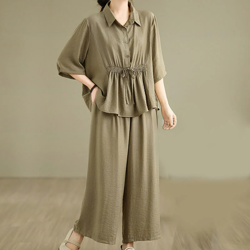 Buddha Stones 2pcs Casual Women's Stand Collar Shirt Loose Pants Meditation Clothing Set