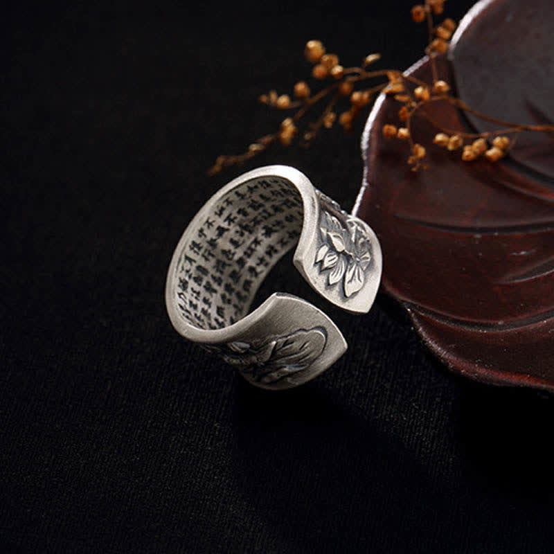 Buddha Stones 999 Sterling Silver Luck Koi Fish Lotus Heart Sutra Wealth Ring