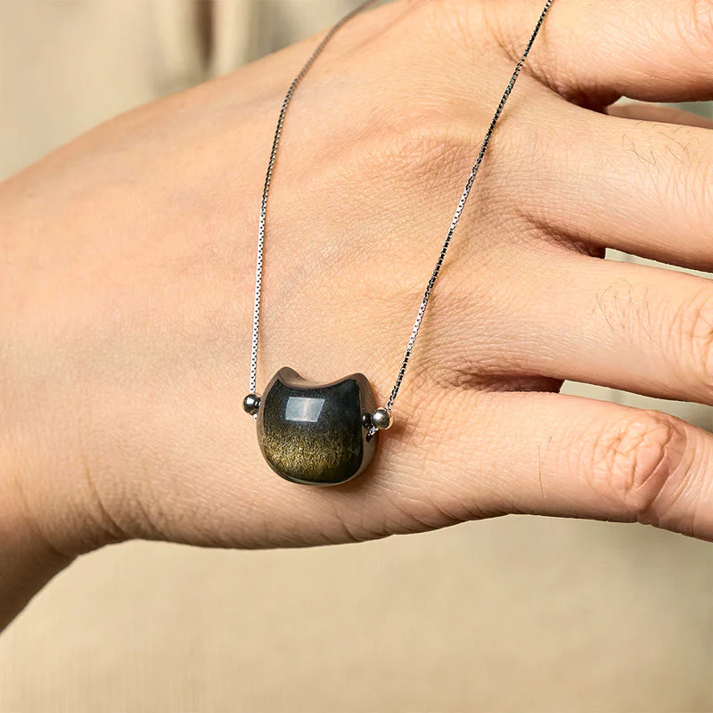 Buddha Stones 925 Sterling Silver Natural Silver Sheen Obsidian Gold Sheen Obsidian Cat Necklace