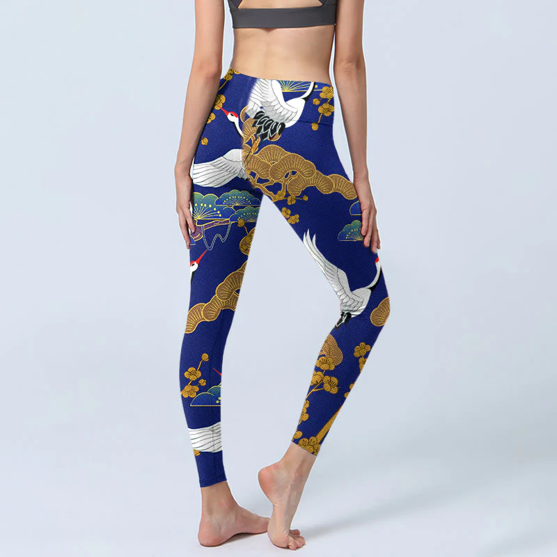 Buddha Stones Flying Red-Crowned Crane Pine Tree Flower Pattern Print Gym Leggings Women's Yoga Pants