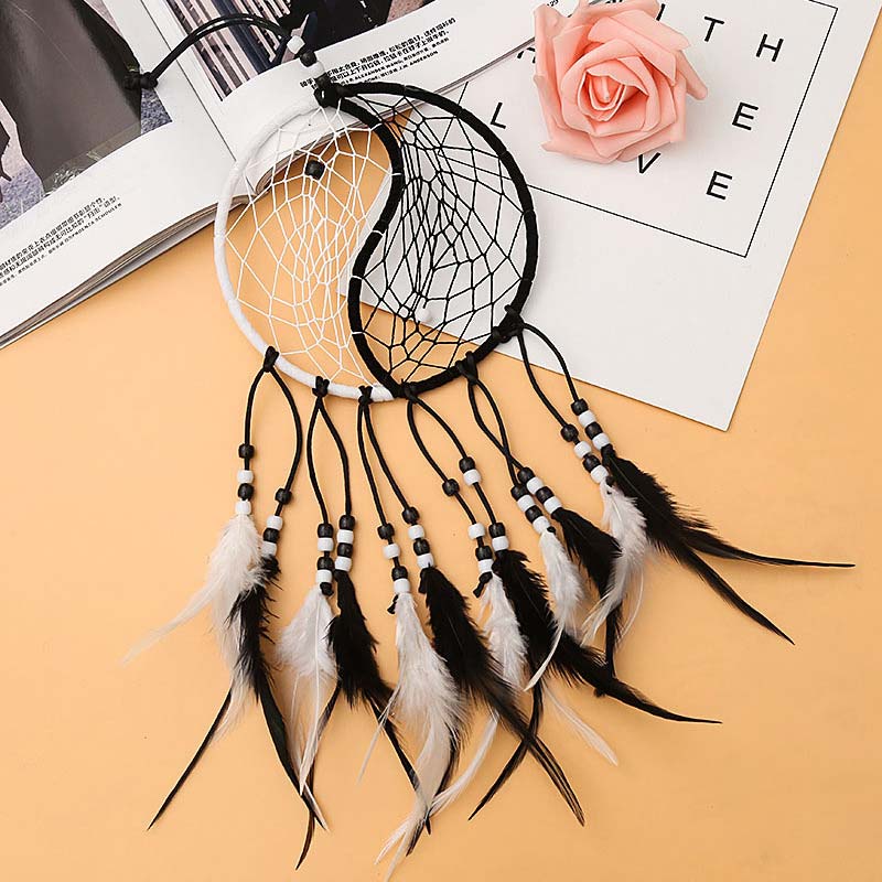Buddha Stones Yin Yang  Dream Catcher Circular Net with Feathers Balance Decoration