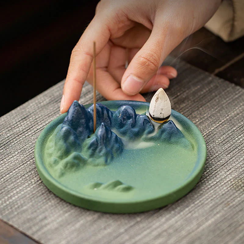 Buddha Stones Creative Mountain River Ceramic Healing Backflow Incense Burner