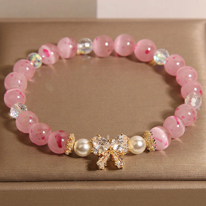 Buddha Stones Cherry Blossom Pink Cat's Eye Pearl Bow-knot Rosette Support Bracelet