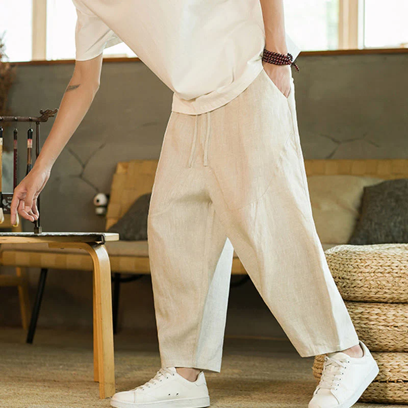 Buddha Stones Casual Retro Solid Color Simple Design Drawstring Men's Linen Elastic Waistband Harem Pants With Pockets