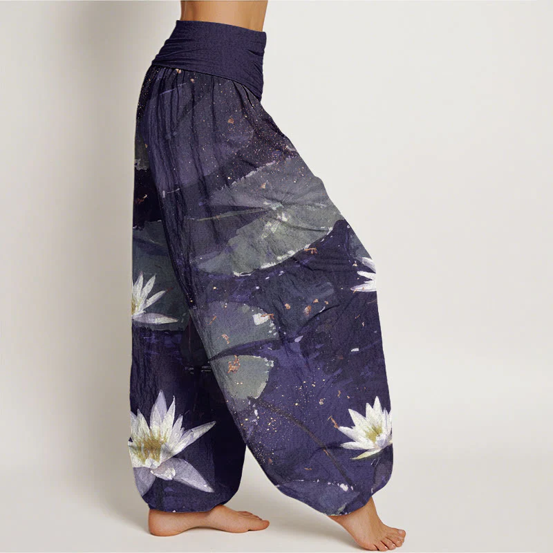 Buddha Stones Casual Lotus Leaves On The Lake Pattern Women's Elastic Waist Harem Pants