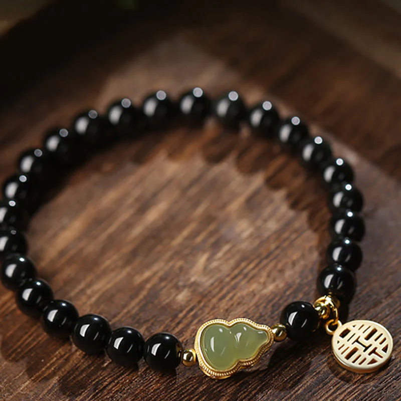 Buddha Stones Natural Black Obsidian Hetian Jade Gourd Double Happiness Strength Bracelet