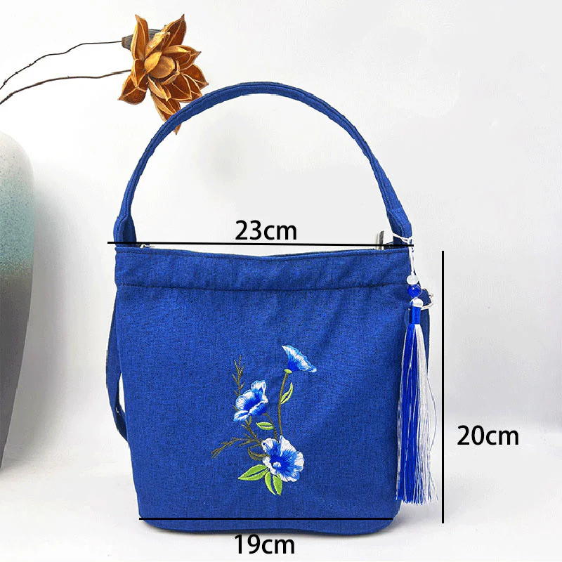 Buddha Stones Embroidery Wisteria Plum Lotus Cherry Blossom Cotton Linen Canvas Tote Crossbody Bag Shoulder Bag Handbag