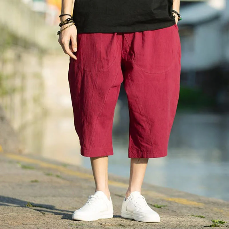 Buddha Stones Summer Plain Pleat Design Drawstring Men's 7-8 Length Cotton Linen Pants With Pockets