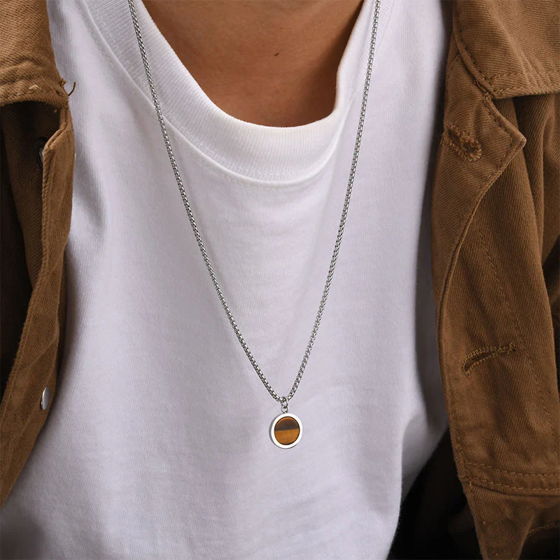 Buddha Stones Natural Stone Turquoise Tiger Eye  Lazurite Malachite Titanium Steel Purification Necklace Pendant